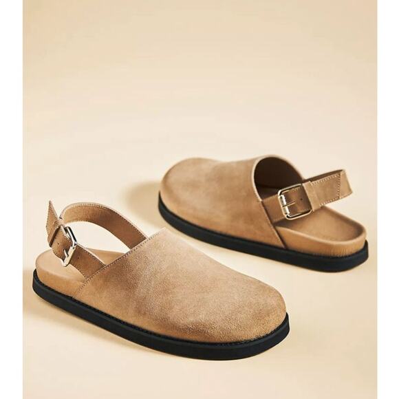 ANTHROPOLOGIE x PILCRO Suede Leather Slingback Mules Tan Taupe Sz 40/10 - Picture 1 of 8